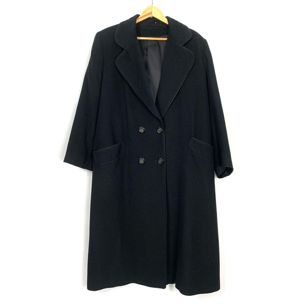 Camel Hair Black Double Breasted Trench Full Length Pea Coat - Picture 2 of 16